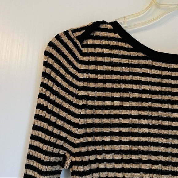 Women’s Ribbed Knit Sweater M Black Tan Grid Check Stretch Long Sleeve NWT $60 - Picture 4 of 5